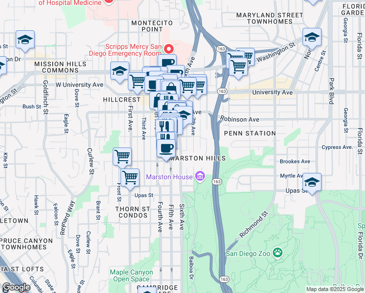 map of restaurants, bars, coffee shops, grocery stores, and more near 3655 Sixth Avenue in San Diego