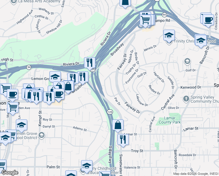 map of restaurants, bars, coffee shops, grocery stores, and more near 3450 Par Drive in La Mesa