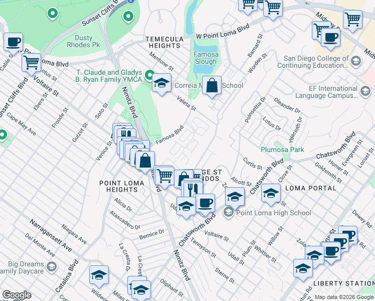 map of restaurants, bars, coffee shops, grocery stores, and more near 2344 Caminito Eximio in San Diego