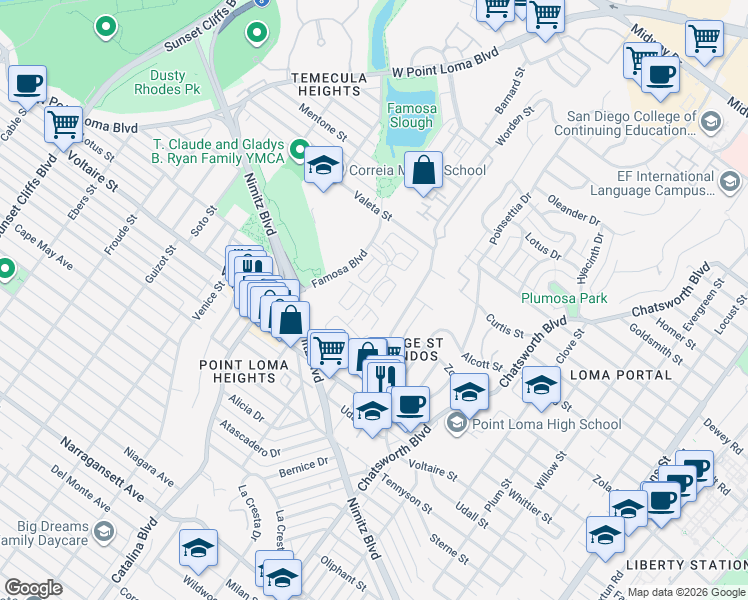 map of restaurants, bars, coffee shops, grocery stores, and more near 2344 Caminito Eximio in San Diego