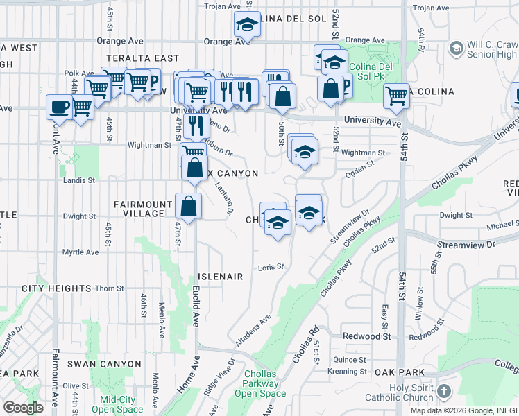 map of restaurants, bars, coffee shops, grocery stores, and more near 4992 Auburn Drive in San Diego