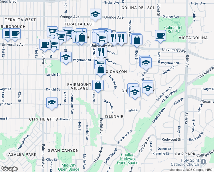 map of restaurants, bars, coffee shops, grocery stores, and more near 4837 Castle Avenue in San Diego