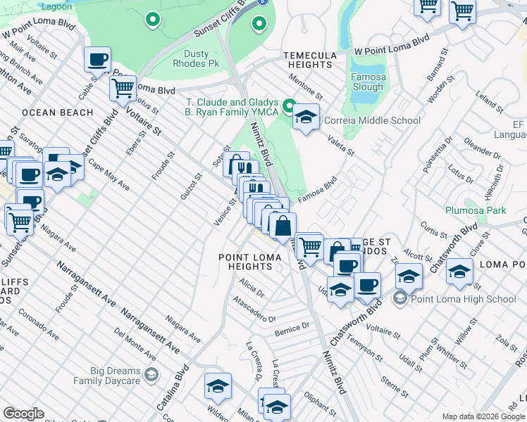 map of restaurants, bars, coffee shops, grocery stores, and more near Whittier Street in San Diego