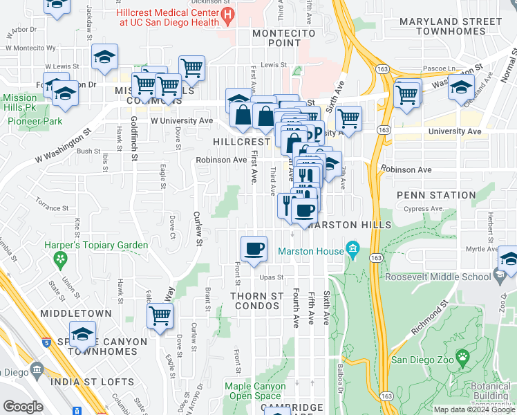 map of restaurants, bars, coffee shops, grocery stores, and more near 3661 1st Avenue in San Diego