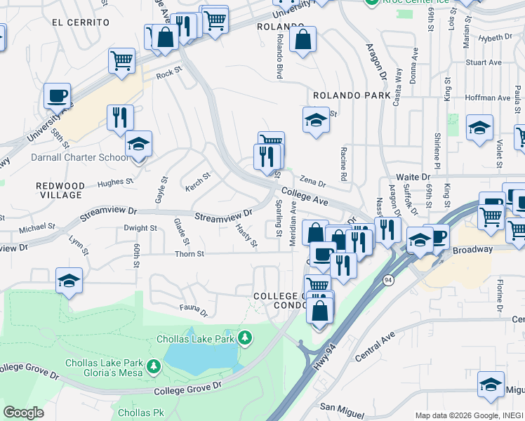 map of restaurants, bars, coffee shops, grocery stores, and more near 6357 Streamview Drive in San Diego