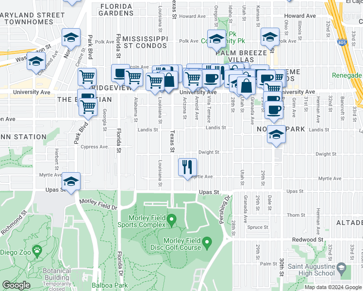 map of restaurants, bars, coffee shops, grocery stores, and more near 3634-36 Arizona Street in San Diego