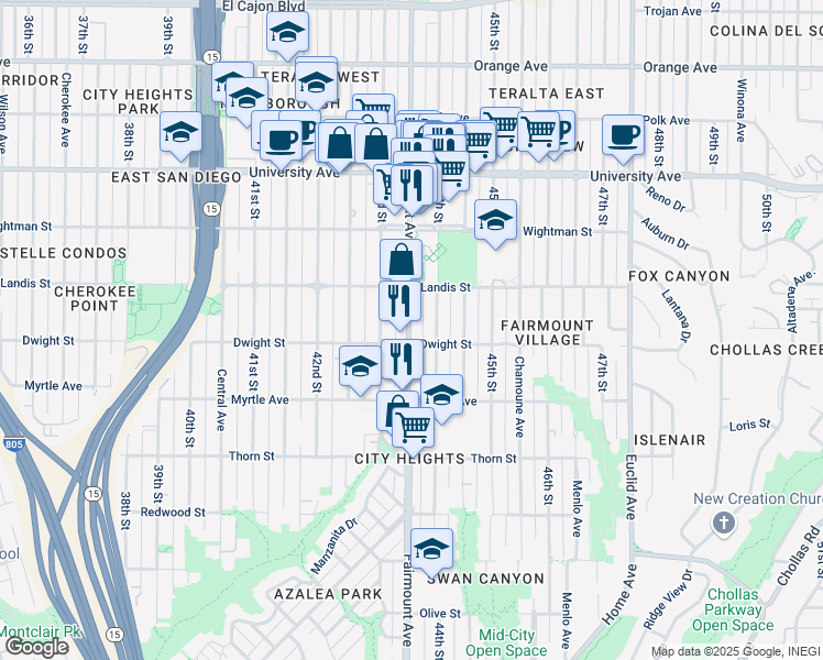 map of restaurants, bars, coffee shops, grocery stores, and more near 3619 1/2 Fairmount Avenue in San Diego