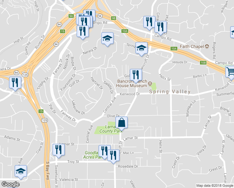 map of restaurants, bars, coffee shops, grocery stores, and more near 8888 Kenwood Drive in Spring Valley