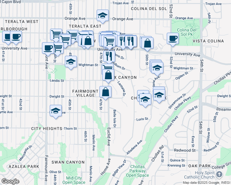 map of restaurants, bars, coffee shops, grocery stores, and more near 4814 Castle Avenue in San Diego