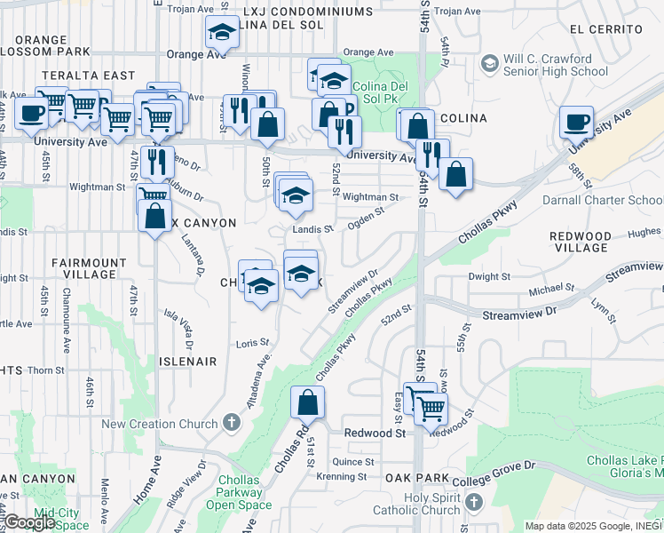 map of restaurants, bars, coffee shops, grocery stores, and more near 3639 Lemona Avenue in San Diego