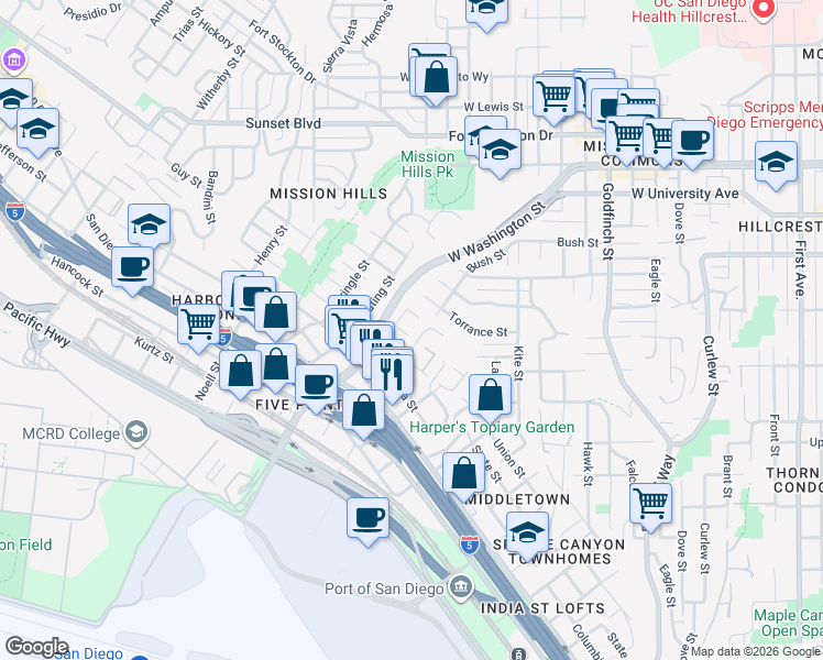 map of restaurants, bars, coffee shops, grocery stores, and more near 1670 Guy Street in San Diego