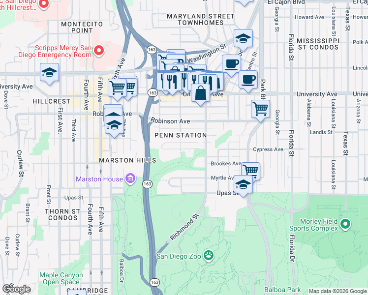 map of restaurants, bars, coffee shops, grocery stores, and more near 1211 Pennsylvania Avenue in San Diego