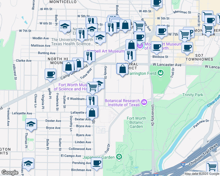 map of restaurants, bars, coffee shops, grocery stores, and more near 3401 West Lancaster Avenue in Fort Worth