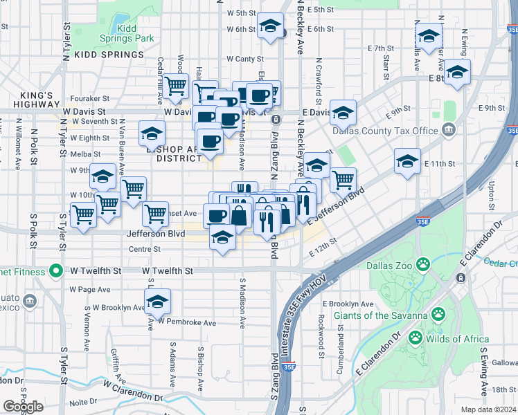 map of restaurants, bars, coffee shops, grocery stores, and more near 206 West 10th Street in Dallas