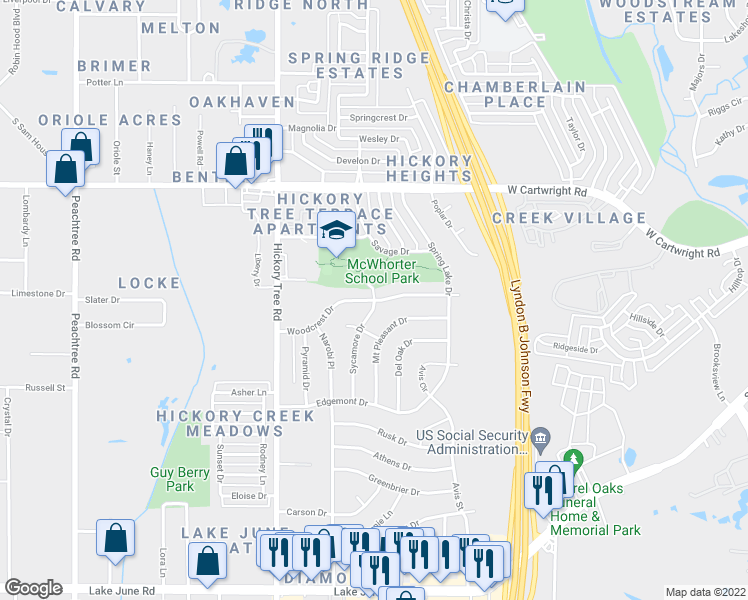 map of restaurants, bars, coffee shops, grocery stores, and more near Woodcrest Drive in Mesquite