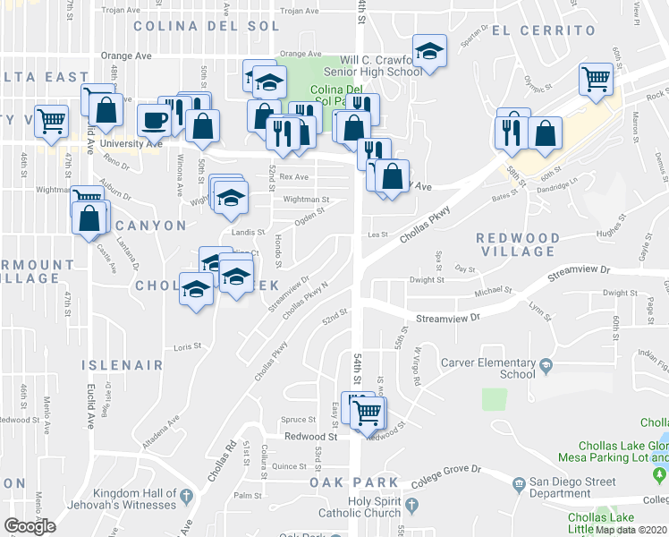map of restaurants, bars, coffee shops, grocery stores, and more near 5334 Streamview Drive in San Diego