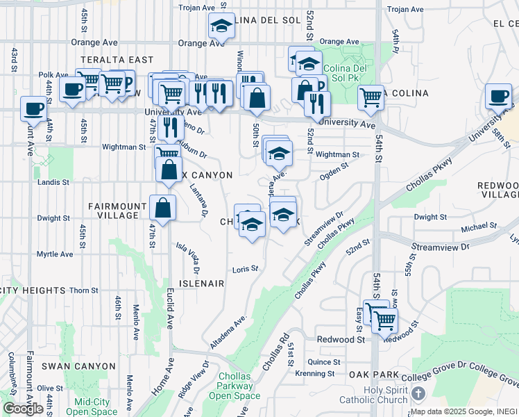 map of restaurants, bars, coffee shops, grocery stores, and more near 3623 50th Street in San Diego