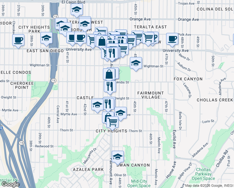 map of restaurants, bars, coffee shops, grocery stores, and more near 3645 Fairmount Avenue in San Diego