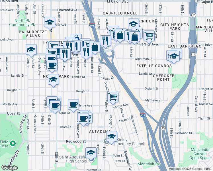 map of restaurants, bars, coffee shops, grocery stores, and more near 3677 Boundary Street in San Diego