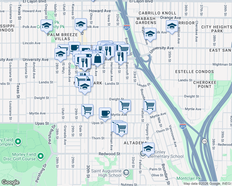 map of restaurants, bars, coffee shops, grocery stores, and more near 3659 Herman Avenue in San Diego