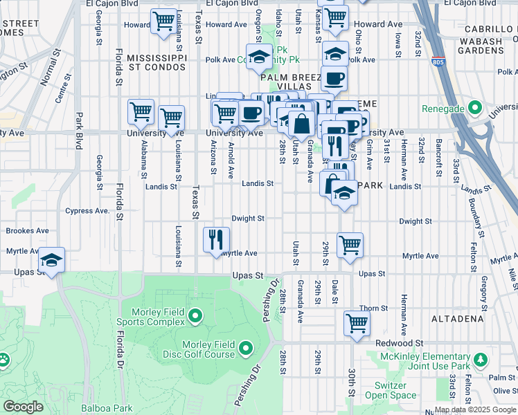 map of restaurants, bars, coffee shops, grocery stores, and more near 3660 Pershing Avenue in San Diego