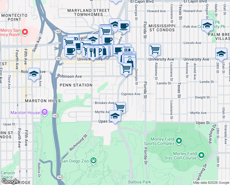 map of restaurants, bars, coffee shops, grocery stores, and more near 1622 Herbert Place in San Diego