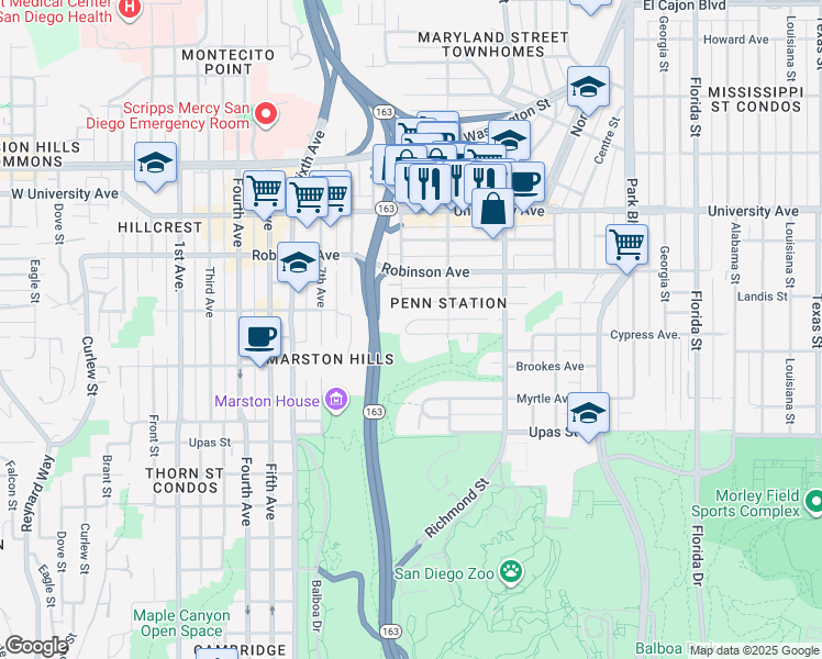 map of restaurants, bars, coffee shops, grocery stores, and more near 1034 Cypress Way in San Diego