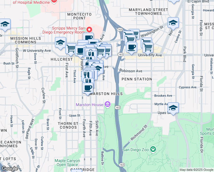 map of restaurants, bars, coffee shops, grocery stores, and more near 736 Pennsylvania Avenue in San Diego