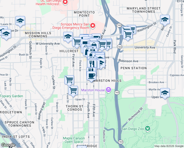 map of restaurants, bars, coffee shops, grocery stores, and more near 3692 Fifth Avenue in San Diego