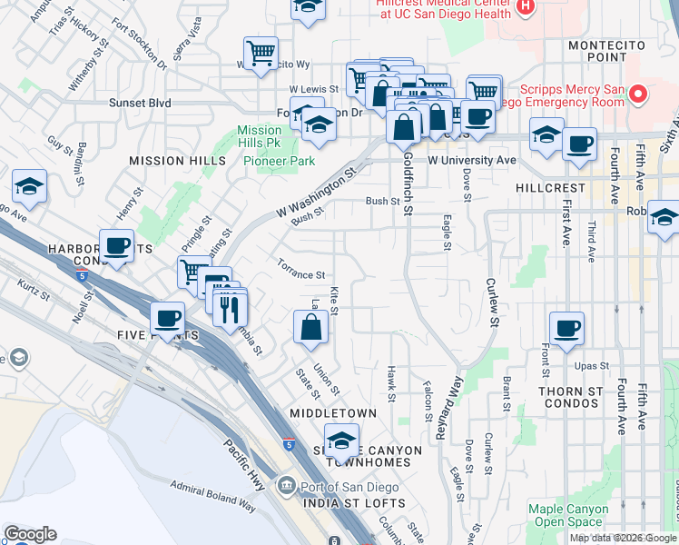 map of restaurants, bars, coffee shops, grocery stores, and more near 3688 Jackdaw Street in San Diego