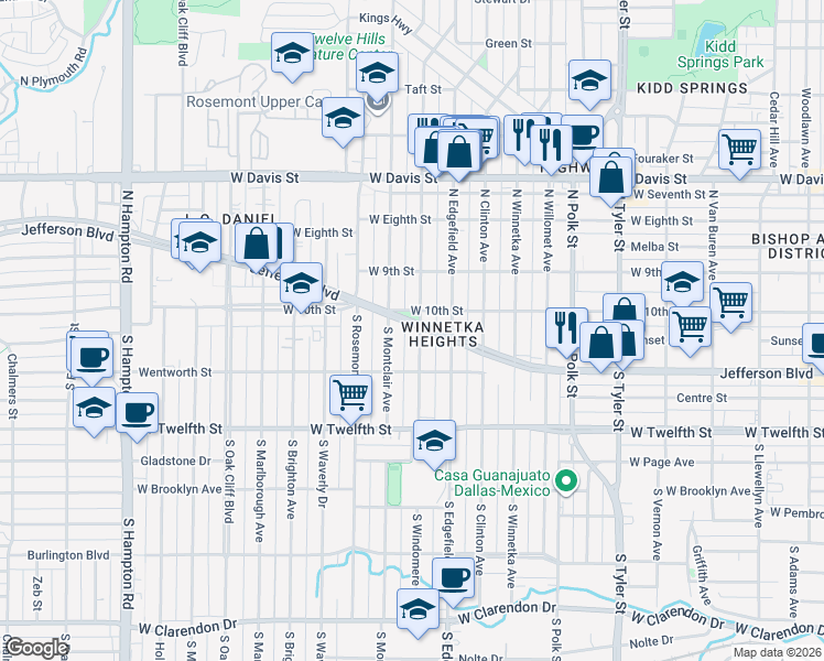 map of restaurants, bars, coffee shops, grocery stores, and more near 1598 West 10th Street in Dallas