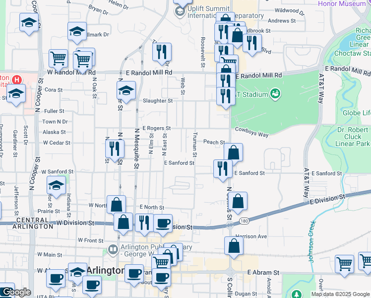 map of restaurants, bars, coffee shops, grocery stores, and more near 707 Garden Shadow Lane in Arlington