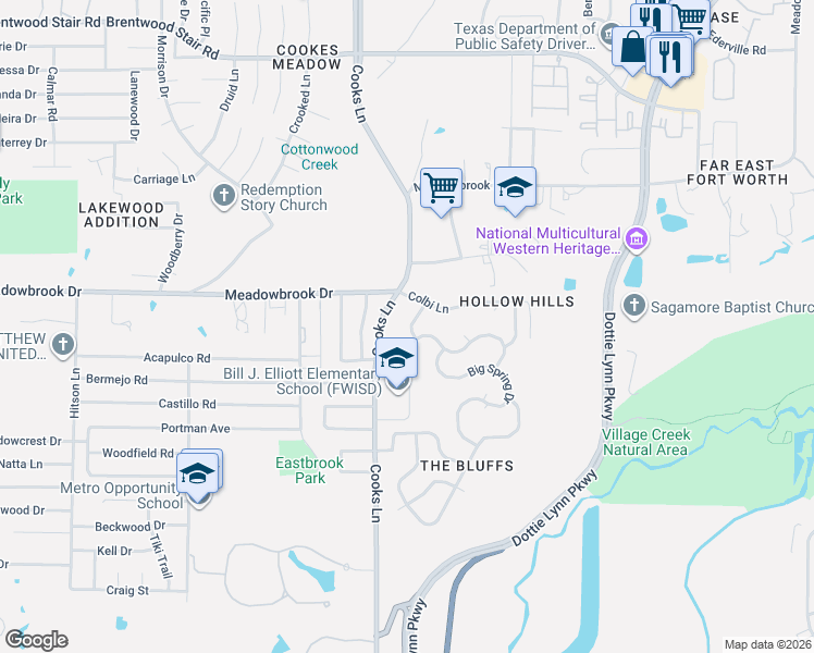 map of restaurants, bars, coffee shops, grocery stores, and more near 2305 Cooks Lane in Fort Worth