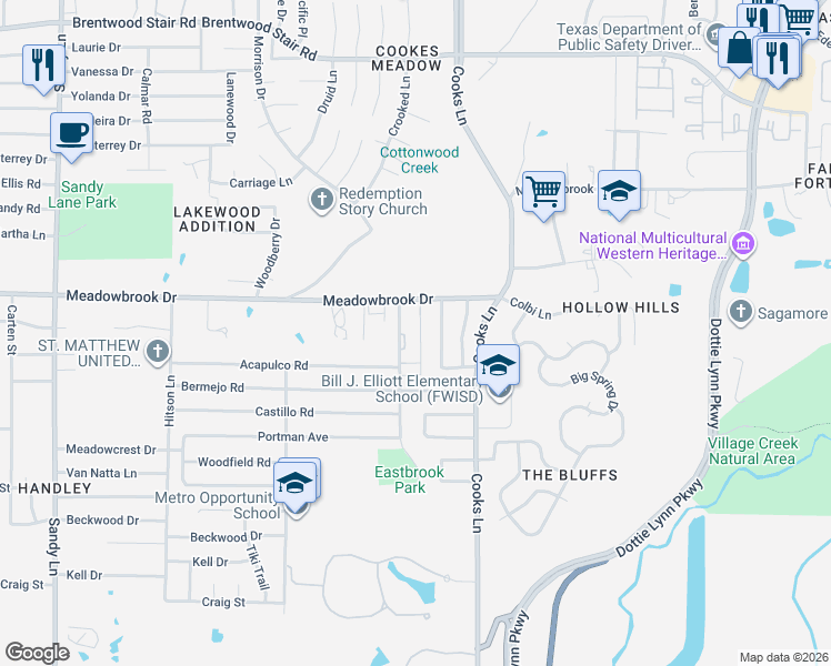 map of restaurants, bars, coffee shops, grocery stores, and more near 34 Meadowbrook Gardens Drive in Fort Worth