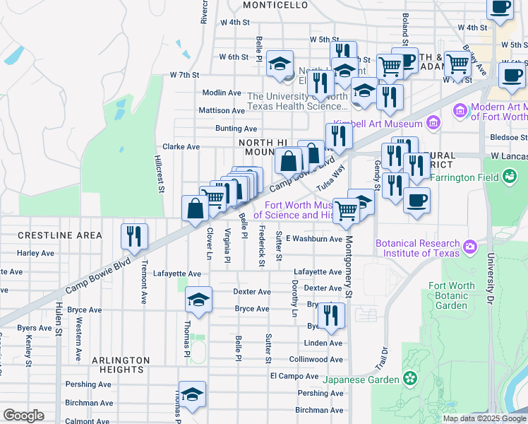 map of restaurants, bars, coffee shops, grocery stores, and more near 3859 Camp Bowie Boulevard in Fort Worth