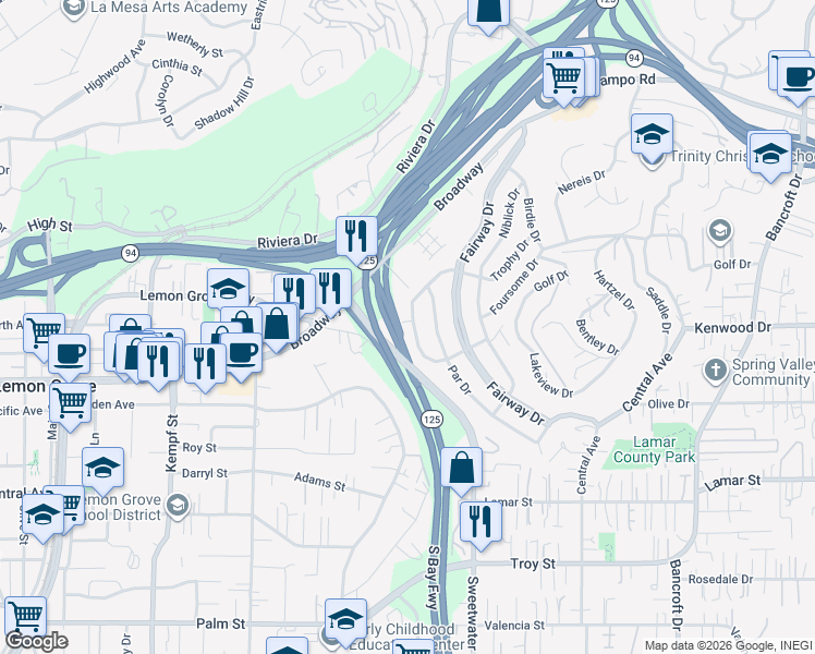 map of restaurants, bars, coffee shops, grocery stores, and more near 3450 Par Drive in La Mesa