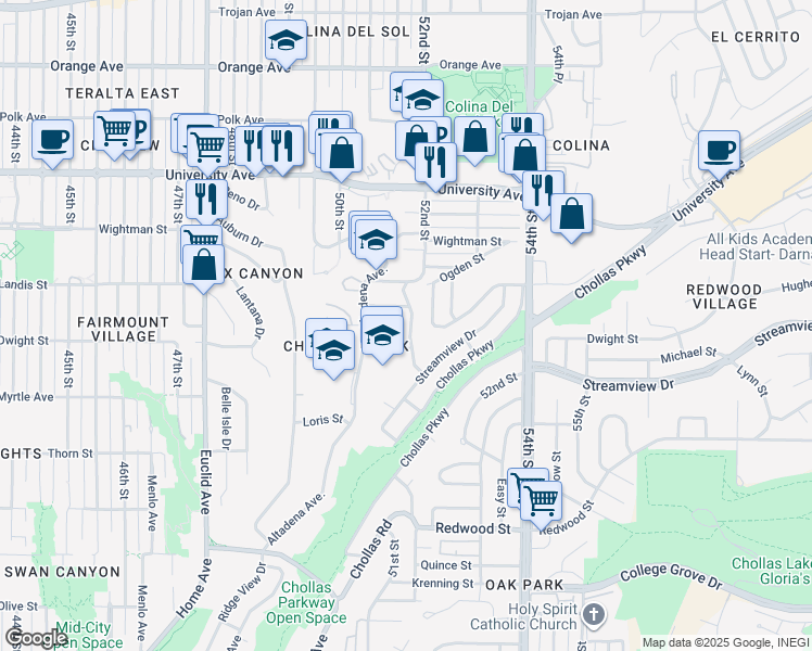 map of restaurants, bars, coffee shops, grocery stores, and more near 3647 Lemona Avenue in San Diego