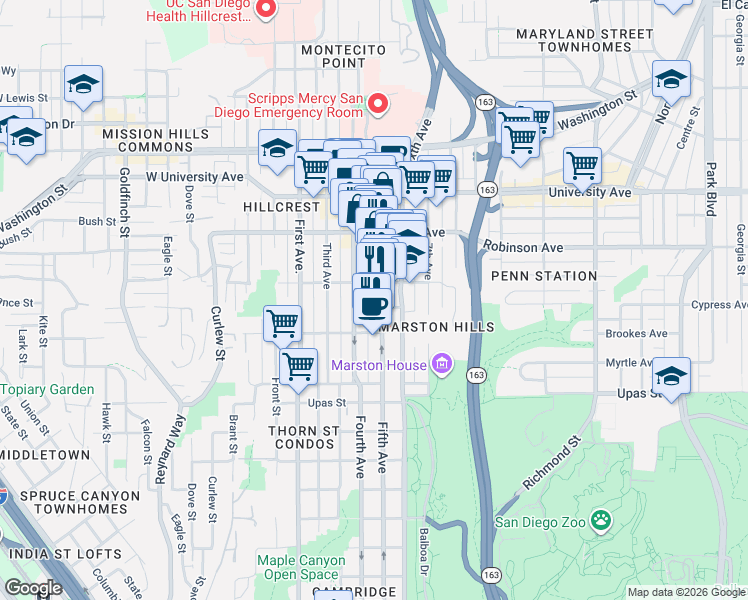 map of restaurants, bars, coffee shops, grocery stores, and more near 3650 Fifth Avenue in San Diego