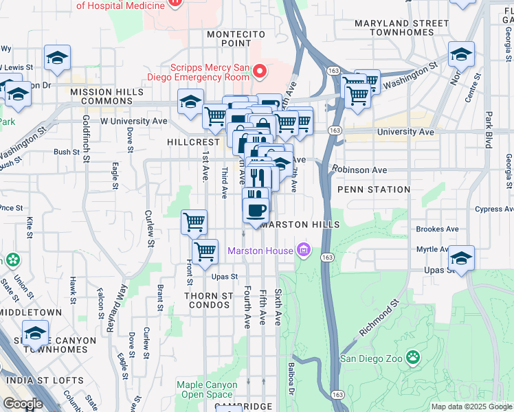 map of restaurants, bars, coffee shops, grocery stores, and more near 3692 Fifth Avenue in San Diego