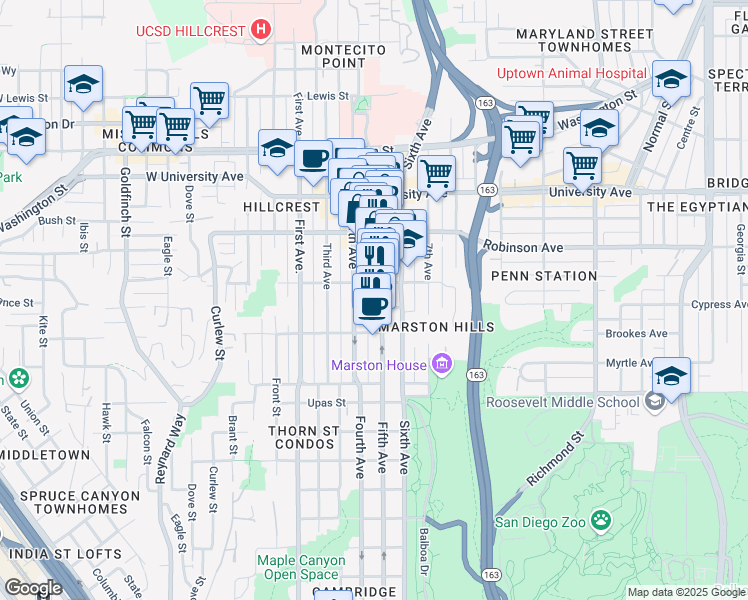 map of restaurants, bars, coffee shops, grocery stores, and more near 3650 Fifth Avenue in San Diego