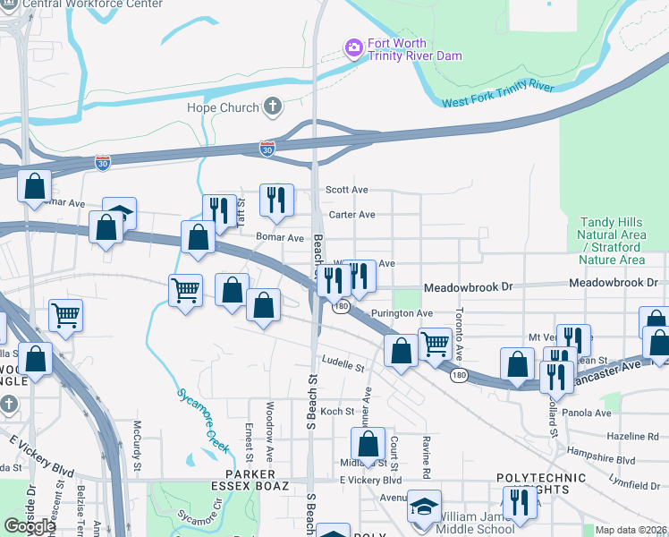 map of restaurants, bars, coffee shops, grocery stores, and more near 2616 Wilkinson Avenue in Fort Worth
