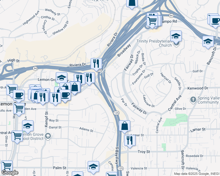 map of restaurants, bars, coffee shops, grocery stores, and more near 3422 Trophy Drive in La Mesa