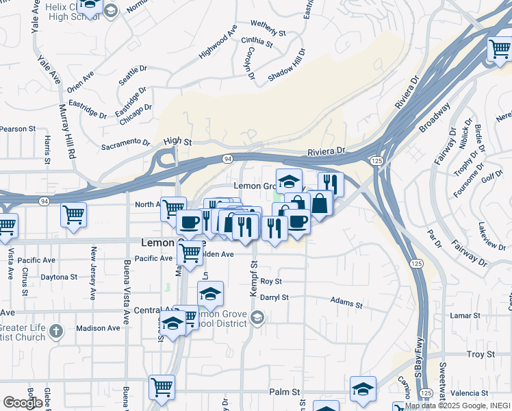 map of restaurants, bars, coffee shops, grocery stores, and more near in Lemon Grove