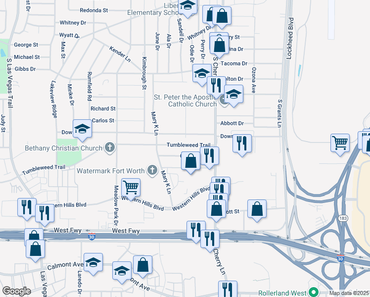 map of restaurants, bars, coffee shops, grocery stores, and more near 8008 Tumbleweed Trail in Fort Worth