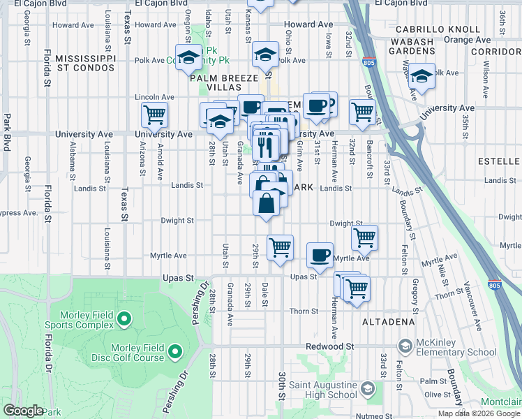 map of restaurants, bars, coffee shops, grocery stores, and more near 3644 30th Street in San Diego