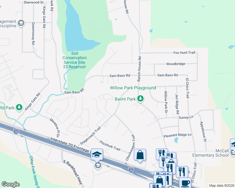 map of restaurants, bars, coffee shops, grocery stores, and more near 120 Stagecoach Trail in Willow Park