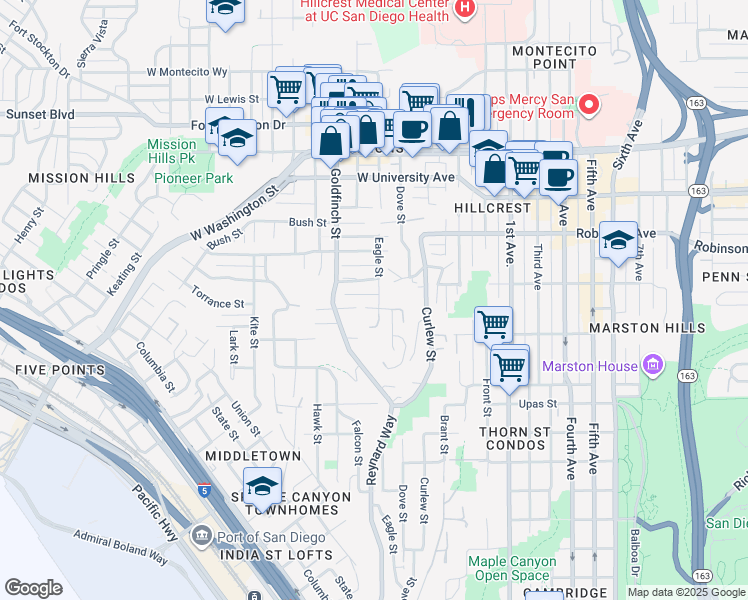 map of restaurants, bars, coffee shops, grocery stores, and more near 3693 Eagle Street in San Diego