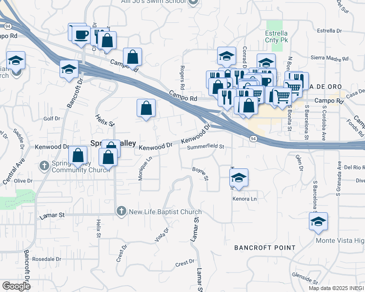 map of restaurants, bars, coffee shops, grocery stores, and more near 9502 Summerfield Street in Spring Valley