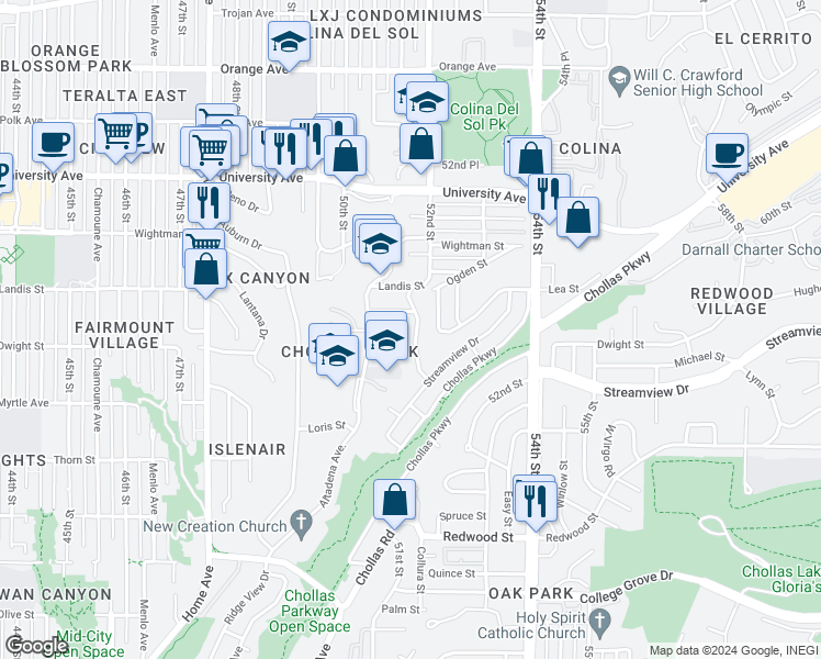 map of restaurants, bars, coffee shops, grocery stores, and more near 3626 Lemona Avenue in San Diego