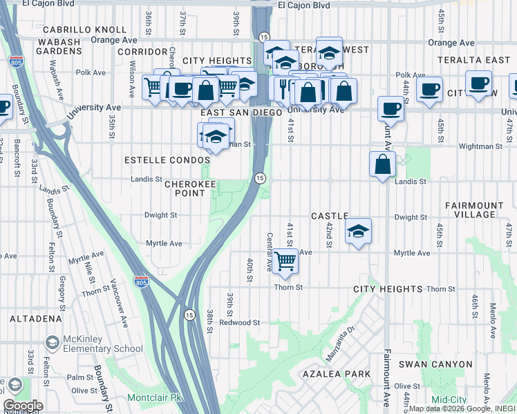 map of restaurants, bars, coffee shops, grocery stores, and more near Dwight Street in San Diego